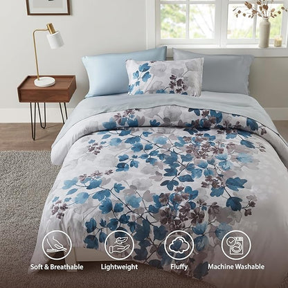 Twin Comforter Set Blue Bed Set, 6 Pieces Cute Floral Bedding Set Ultra Soft Botanical Flowers Comforter, Sheets, Pillowcase & Sham