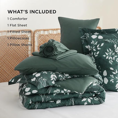 Bedsure Twin Comforter Set - 5 Pieces Floral Forest Green Soft Bedding Sets, Twin Bed in a Bag with Botanical Flowers Comforter, Sheets, Pillowcase & Sham