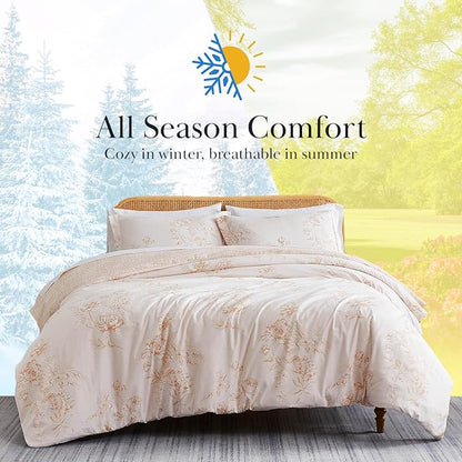 Southshore Fine Living, Inc. Comforter Full Size Set, Down Alternative Floral Comforter with Matching Shams, Reversible Print is 2 Colors in 1, Fits Full & Queen Beds, Taupe & White