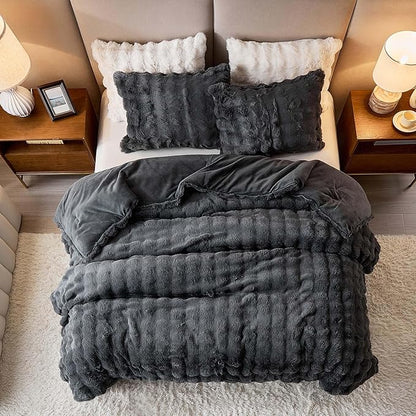 Full Faux Rabbit Fur Comforter Set - 3 Pieces Fluffy Bedding Set Ultra Soft Warm Shaggy Winter Flannel Bed Set, Luxury Skin Friendly Sherpa Comforter Set & 2 Pillow Shams for Thanksgiving Dark Gray
