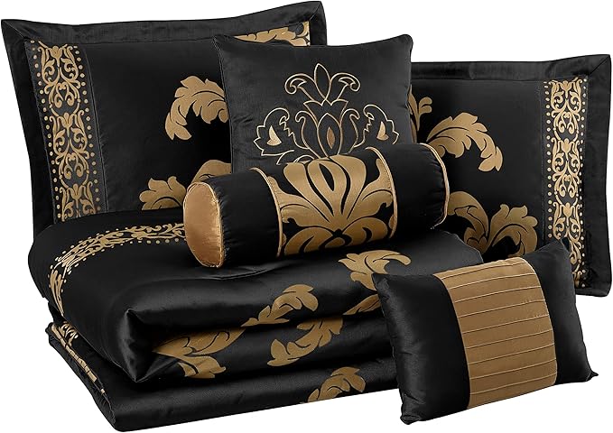 Chezmoi Collection Royale 7-Piece Jacquard Floral Comforter Set, Oversized King, Black/Gold