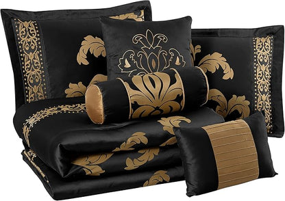 Chezmoi Collection Royale 7-Piece Jacquard Floral Comforter Set, Queen, Black/Gold