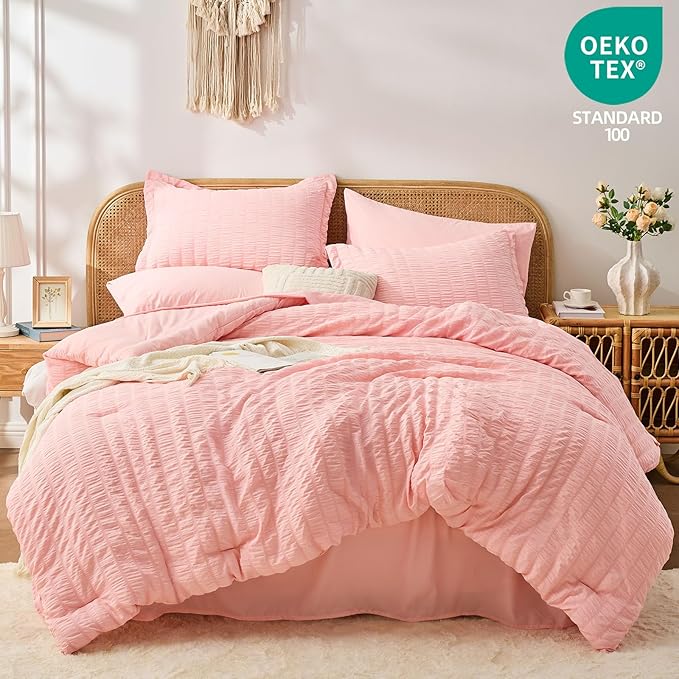 FUANNA Pink Full Size Comforter Sets 7 Pieces, Luxury Seersucker Bed in a Bag Full for All Seasons, Soft Bed Sets with Comforter, Flat Sheet, Fitted Sheet, Pillowcases & Shams for Bedroom