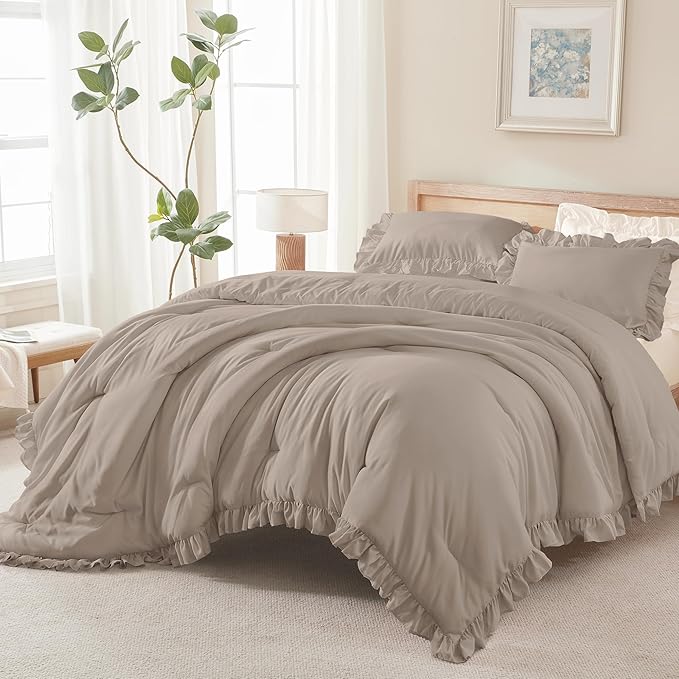 Andency Light Brown Ruffle Comforter Cal King(104x96Inch), 3 Pieces(1 Ruffled Comforter and 2 Pillowcases) Solid Farmhouse Shabby Chic Bed, Vintage Rustic Soft Microfiber Bedding Set