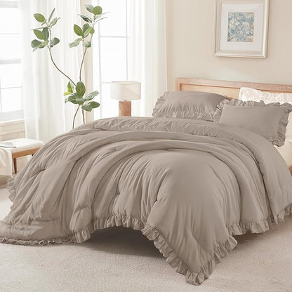 Andency Light Brown Ruffle Comforter Cal King(104x96Inch), 3 Pieces(1 Ruffled Comforter and 2 Pillowcases) Solid Farmhouse Shabby Chic Bed, Vintage Rustic Soft Microfiber Bedding Set
