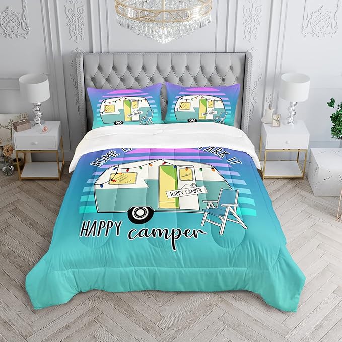 HOSIMA Happy Camping Decor Comforter Set,Cartoon Camper Bedding Queen Size for Kids Teen Girls Boys Room Decor,Camper Accessories for Travel Trailers Themed Bedding with 2 Pillowcases.