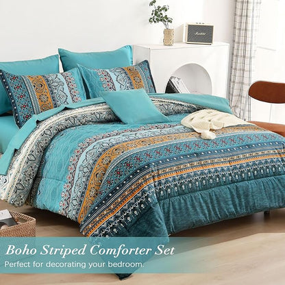 Cottolester Boho Queen Comforter Set 8 Pieces,Teal and Yellow Bohemian Comforter Paisley Striped Bed in A Bag,Soft Microfiber Bedding Set for All Season