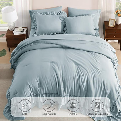 King Size Comforter Set Dusty Blue, Ruffle Shabby Chic Bedding Set Farmhouse 7 Pieces, All Season Fluffy Bed in a Bag with Sheets, Pillowcases & Shams
