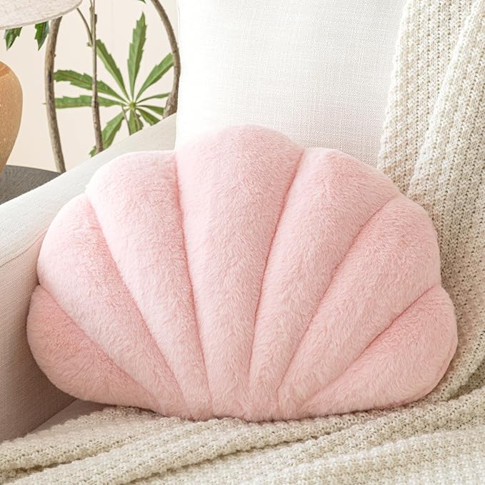 Shell Pillow, Seashell Throw Pillow with Soft Rabbit Plush for Couch Bed, Shell Shaped Decorative Ocean Pillow Stylish Beach Cushion Room Aesthetic Home Decor