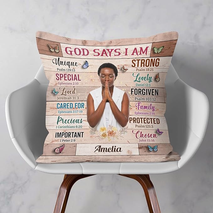 Macorner Personalized Photo Pillow (Insert Included) - God Says I Am Unique - Birthday Gifts for Daughter, Son, Kids - Daughter Gifts - Gifts for Nieces, Nephews - Self Care Inspiration Gifts