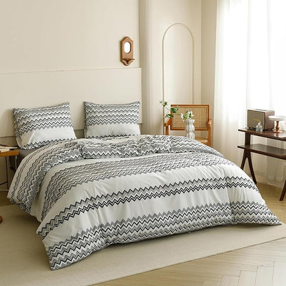 CLOTHKNOW Black White Queen Comforter Set Striped Waves Bedding Comforter Sets Soft All Season Farmhouse Comforter with 2 x Pillow Cases