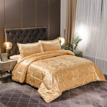 Luxury Silk Bedding Comforter Sets, Gold Jacquard Lightweight Comforter Quilt, All Season Ultra Soft Microfiber Twin Comforter Set Matching 2 Pillow Shams(Twin/Twin XL, 3 Pieces)