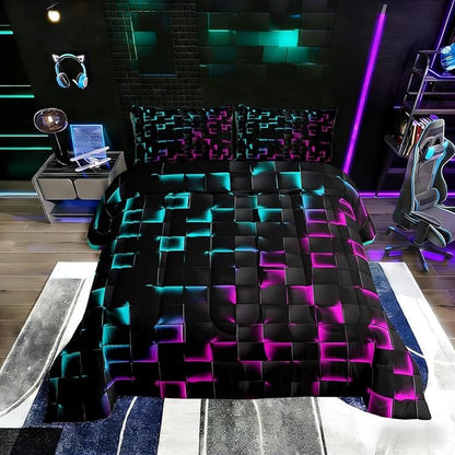 Erosebridal Geometric Checkered Comforter Set Twin Neon Teal Purple Bedding Set for Kids Boys Teen Men Gamer Room Decor,Abstract Ombre Plaid Comforter Grids Quilt Duvet Black
