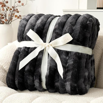 Cozy Bliss Faux Fur Throw Blanket for Couch, Cozy Warm Plush Striped Blanket for Sofa Bedroom Living Room, 50 * 60 Inches Tie-dye Black