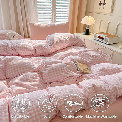 BOLINLIVING Gingham King Comforter Set 3 Pieces, Soft Breathable Bed in a Bag King Size, Pink White Checkered Plaid Bedding Set for All Season, 1 Comforter & 2 Pillowcases