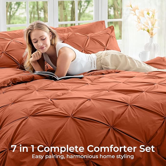Sasttie Twin Comforter Set, 5-Piece Bed in a Bag, Pintuck Bedding Sets for All Season, Includes Comforter, Flat Sheet, Fitted Sheet, Pillowcase and Pillowsham, Burnt Orange
