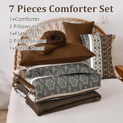 WONGS BEDDING Boho Comforter Set King, 7 Pieces Brown Comforter and Sheet Set,Bohemian Striped Floral Pattern Comforter Bedding Set,Soft Microfiber Bed in a Bag for All Season