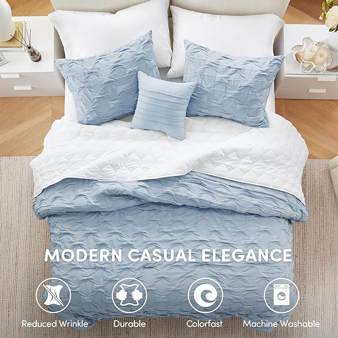 Comfort Spaces Twin/Twin XL Comforter Set for College Ogee Ruched Crinkle Texture Breathable Comforter Set Twin Dorm All Season Lightweight Bedding Set Shabby Chic Décor Pilow Blue 3 Piece