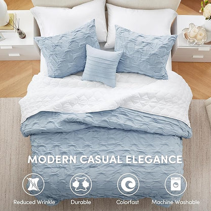 Comfort Spaces Twin/Twin XL Comforter Set for College Ogee Ruched Crinkle Texture Breathable Comforter Set Twin Dorm All Season Lightweight Bedding Set Shabby Chic Décor Pilow Blue 3 Piece
