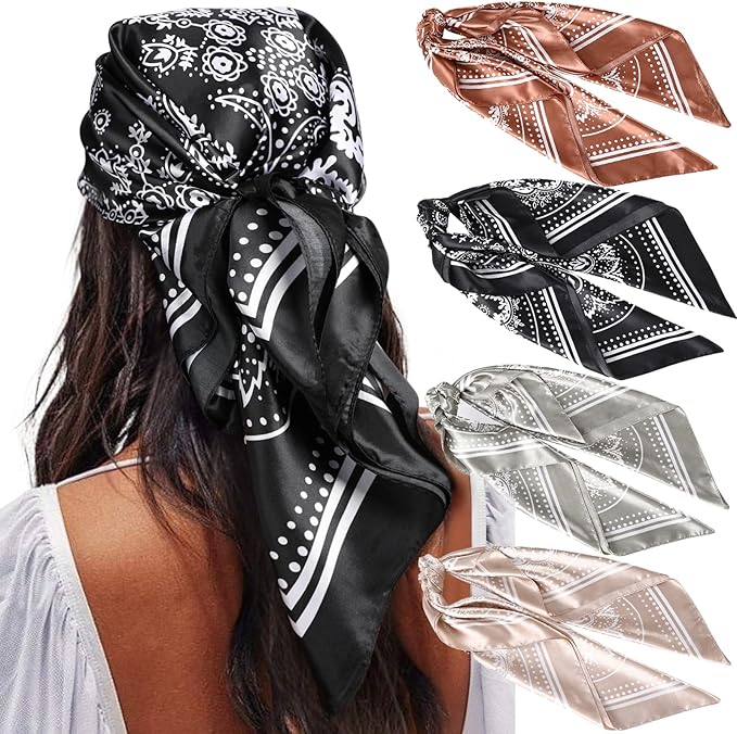 AWAYTR 35” Satin Large Square Head Scarves - 4PCS Silk Like Neck Scarf Hair Sleeping Wraps Satin Silk Scarfs for Women