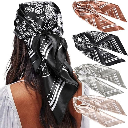 AWAYTR 35” Satin Large Square Head Scarves - 4PCS Silk Like Neck Scarf Hair Sleeping Wraps Satin Silk Scarfs for Women