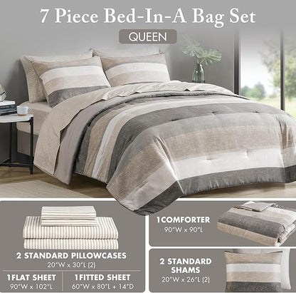 Madison Park Essentials Queen Comforter Set, Bed in A Bag Comforter & Sheet Set, Modern Casual Stripes Print, All Seasons, Soft Microfiber Bedding Makeover, Matching Shams, Queen Taupe/Grey 7 Piece