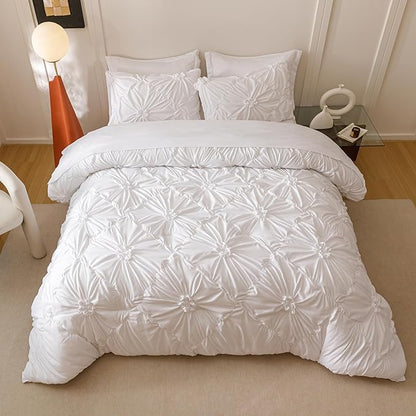 White Twin Comforter Set - 7 Pieces Bed in a Bag, Premium Comforters Twin Size Bed Set Pintuck Pinch Pleat Complete Comforter Set with Flat Sheet, Fitted Sheet and Pillowcases,White