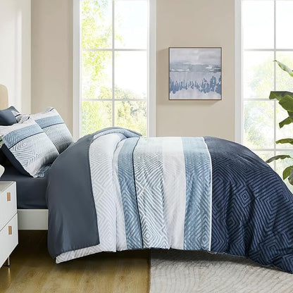 Drucon Comforter Set King Size 7 Piece Bed in a Bag Boho Blue Striped Bedding Set Soft Microfiber Comforter and Sheet Set for All Season (King, 104"x90")