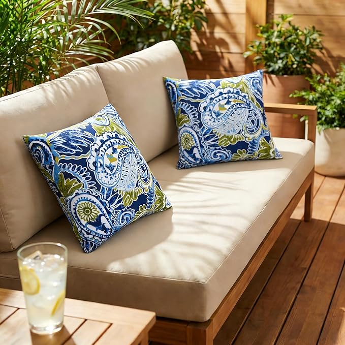 JMGBird Water-Resistant Outdoor Pillows Set of 2, 18x18 inch Durable Green Paisley Pattern Throw Pillows with Inserts for Patio Furniture