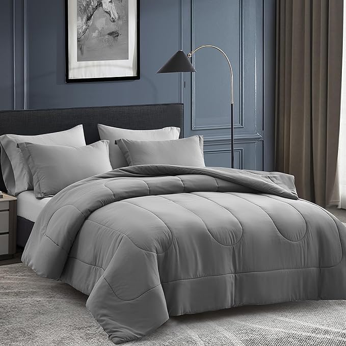 Maple&Stone Oversized King Comforter Sets 7 Pieces Bed in a Bag - Down Alternative Bed Set with Comforter, Sheets, Pillowcases & Shams, All Season Lightweight Bedding Set (Grey,120x98)
