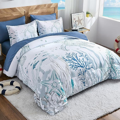 Coastal Comforter Set Queen, Seaweed & Turtle Comforters 7 Pieces Ocean Coral Bed in a Bag Nautical Bedding with Sheets for Spring Summer Decor