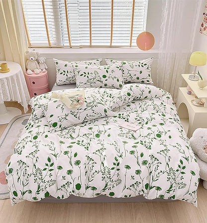 KAREVER Botanical Comforter Set King White and Sage Floral Plant Bedding Comforter Set Girls Blanket Rustic Leaf Blossom Women White Farmhouse Comforter King