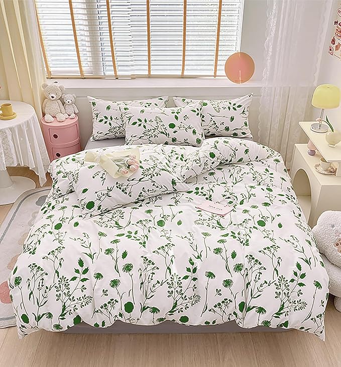 KAREVER Botanical Comforter Set Cal King White Sage Floral Plant Bedding Comforter Girls Blanket Rustic Leaf Blossom Women White Farmhouse Comforter California King