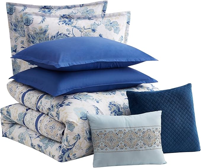 King Size Comforter Set 7 Piece Ultra Soft Fashion Printed Bedding Sets with Shams, Decorative Throw Pillows, and Pillowcases, King, Margolis
