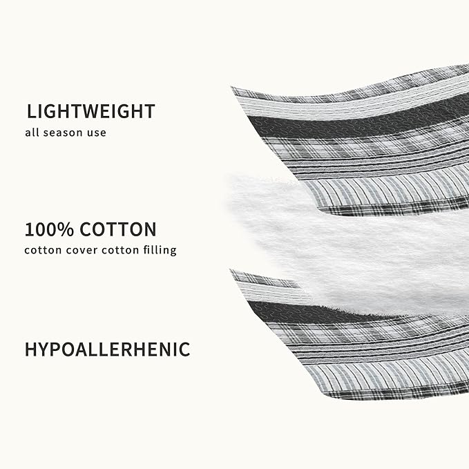 Homzard Quilts Queen Size - Black and White Queen Comforter Set, 100% Cotton Black Grey Striped Bedding Set, Lightweight Reversible Bedspread Set, 3 Piece All Season