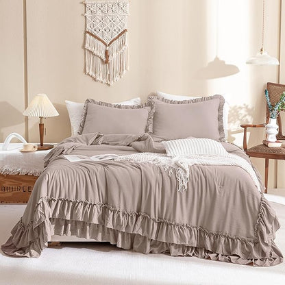 QSH Ruffled Comforter Set Queen Size, 3pcs Taupe Shabby Boho Chic Bedding Comforter Sets, Ultra Soft Farmhouse Lightweight Microfiber Inner Fill Bed Comforter Set