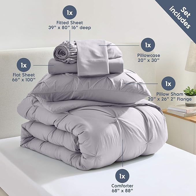 Nestl Twin XL Comforter Set 5 Piece - Pintuck Twin XL Bedding Set Grey Lavender, College Dorm Essentials Bed in a Bag, Twin XL Comforter Set for College Girls and Boys with Sheets, Pillowcase and Sham