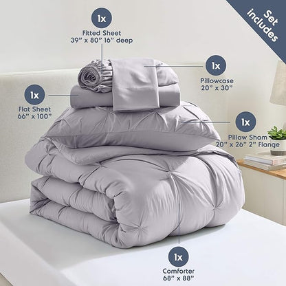 Nestl Twin XL Comforter Set 5 Piece - Pintuck Twin XL Bedding Set Grey Lavender, College Dorm Essentials Bed in a Bag, Twin XL Comforter Set for College Girls and Boys with Sheets, Pillowcase and Sham
