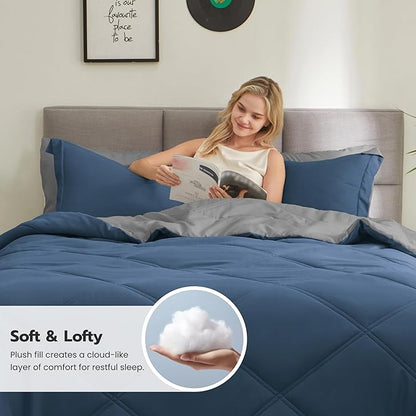 Joiedomi Queen Comforter Set with Sheets Navy Blue, 7 Pieces Queen Bed Set with 1 Down Alternative Comforter, 1 Flat Sheet, 1 Fitted Sheet, 2 Pillowcases and 2 Pillow Shams, Bed in a Bag All Seasons