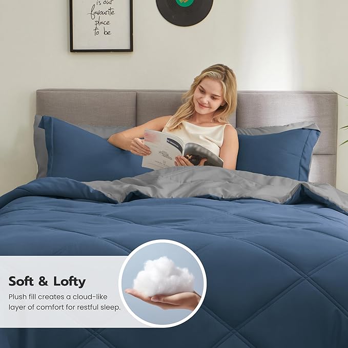 Joiedomi Full Size Comforter Set with Sheets Navy Blue, 7 Pieces Full Size Bed Set with 1 Down Alternative Comforter, 1 Flat Sheet, 1 Fitted Sheet, 2 Pillowcases and 2 Pillow Shams, Bed in a Bag