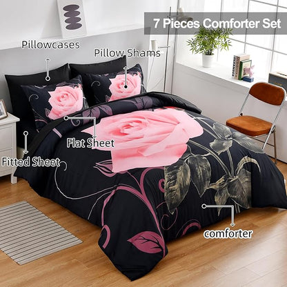 Xruibed Blush Comforter Set Queen 7 Piece Bed in a Bag Blush Rose Flower Comforter with Sheet Set Soft Micorfiber Bedding Set (1 Comforter,2 Pillow Shams,1 Flat Sheet,1 Fitted Sheet,2 Pillowcases)