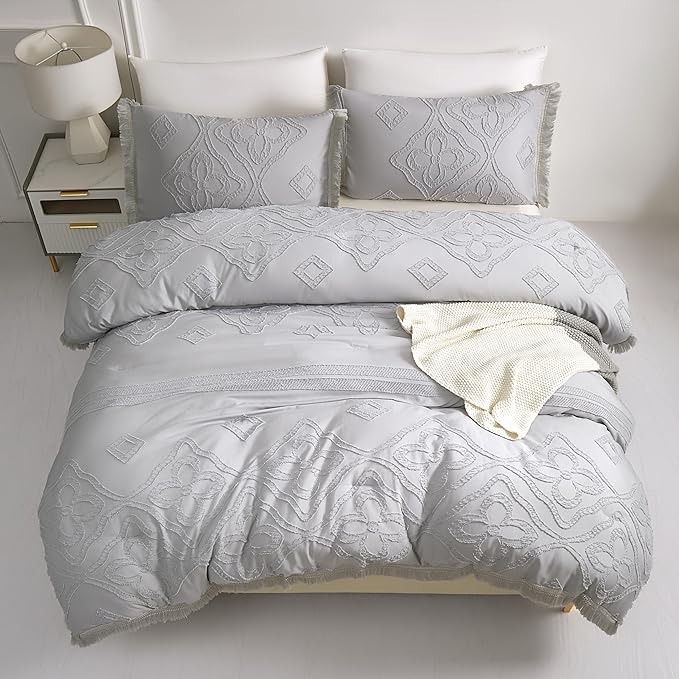 Boho King Size Comforter Set Grey 3 Pieces Tufted Tassel King Comforter Set Prime Lightweight Down Comforter King Size Gray Farmhouse Boho Bedding Shabby Chic Fluffy Comforter Bed Set Gift Choice