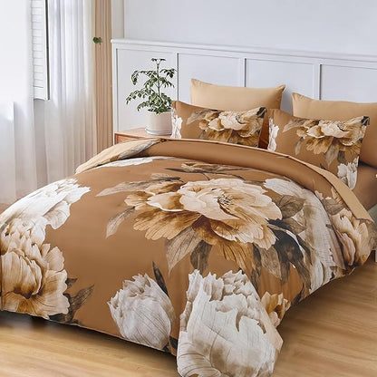 Dobuyly Brown Comforter Set Queen Size 7 Piece Bed in a Bag, Floral Printed on Brown Comforter Set with Sheets, Soft Microfiber Botanical Fall Complete Bedding Set for All Season