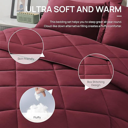 Love's cabin California King Comforter Set Burgundy, 7 Pieces California King Bed in a Bag, All Season Bedding Sets with 1 Comforter, 1 Flat Sheet, 1 Fitted Sheet, 2 Pillowcase and 2 Pillow Sham