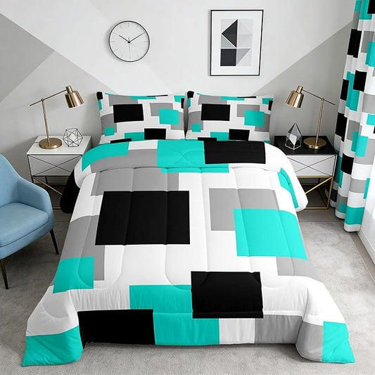 Castle Fairy Teal Grid Bedding Set for Boys Girls,Modern Abstract Square Splicing All Season Cozy Comforter Set with 2 Pillowcases Full,Black Grey Geometric Duvet Set Bedroom Decor,Festival Gifts