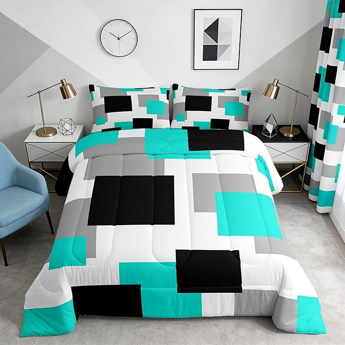 Castle Fairy Teal Grid Comforter Set Queen Size,Black Grey Geometric Down Alternative Adults Room Decor,Modern Abstract Square Splicing Ultra Soft Microfiber Inner Fill 3Pcs Bedding