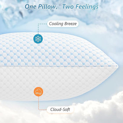 Cooling Firm Bed Pillows Set of 2, Shredded Memory Foam Pillows for Sleeping Luxury Gel Pillows for Side Back Stomach Sleepers with Removable Washable Cover(Blue, Standard)