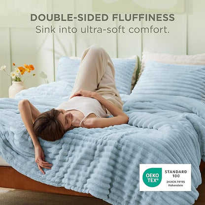 Bedsure King Size Comforter Set - GentleSoft™ 3 Pieces Fluffy Double-Side Fleece Comforter Set, Cozy Striped Room Decor Aesthetic, Luxury Light Blue King Bedding with 2 Pillowcases, 104x90 Inches