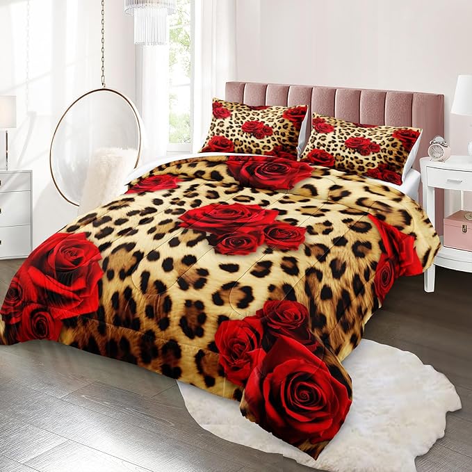 MOVE OVER Cheetah Print Comforter Set King Size Red Rose Flower Bedding Set 4 Pieces Ultra Soft Microfiber Romantic Rose and Leopard Print Comforter Sets for Women and Female