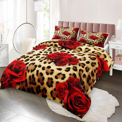 MOVE OVER Cheetah Print Comforter Set King Size Red Rose Flower Bedding Set 4 Pieces Ultra Soft Microfiber Romantic Rose and Leopard Print Comforter Sets for Women and Female